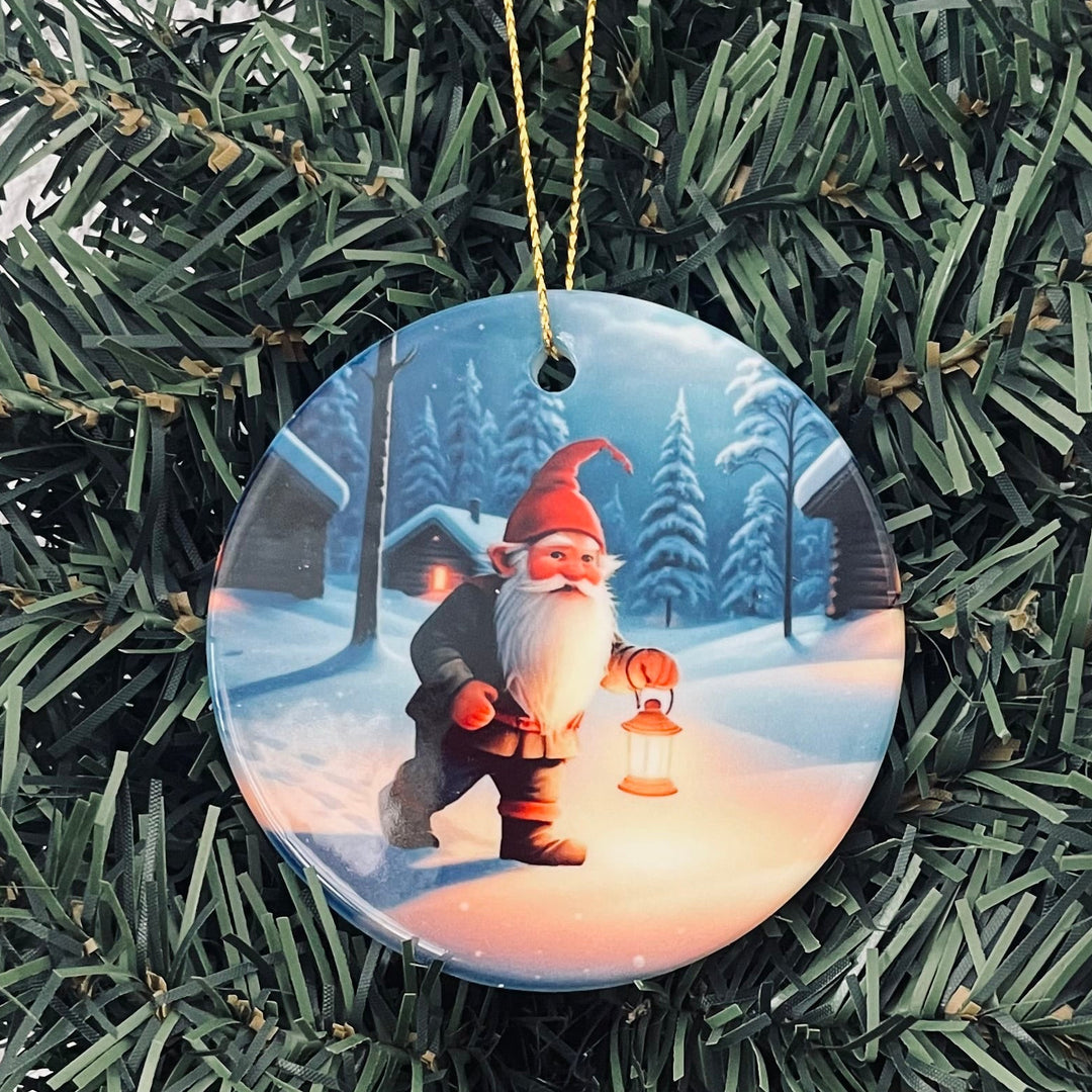 Ceramic Ornament, Gnome walking with lantern