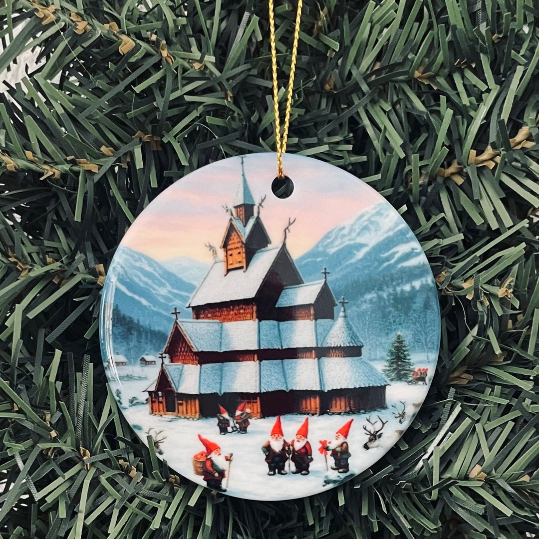 Ceramic Ornament, Stave Church with Gnomes