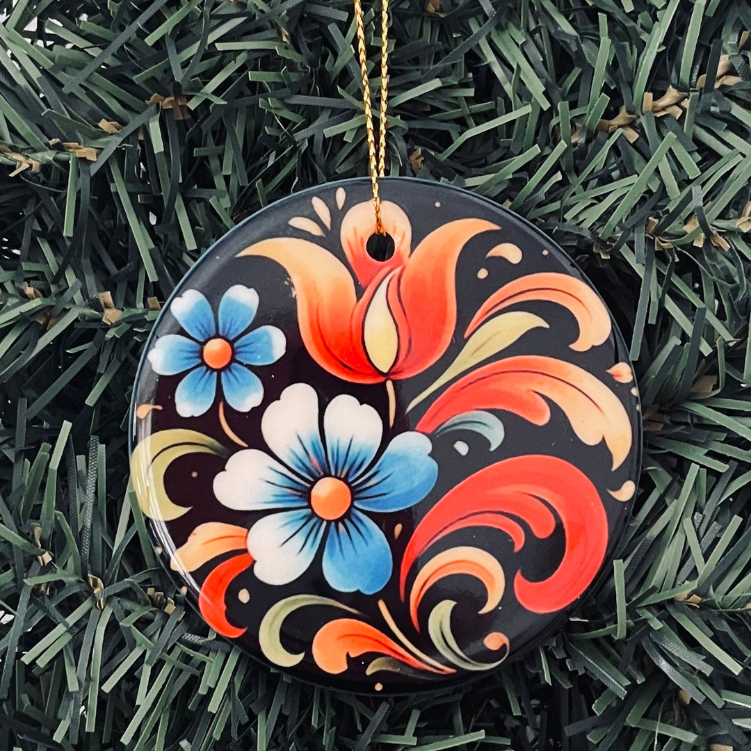 Ceramic Ornament, Rosemaling & Flowers
