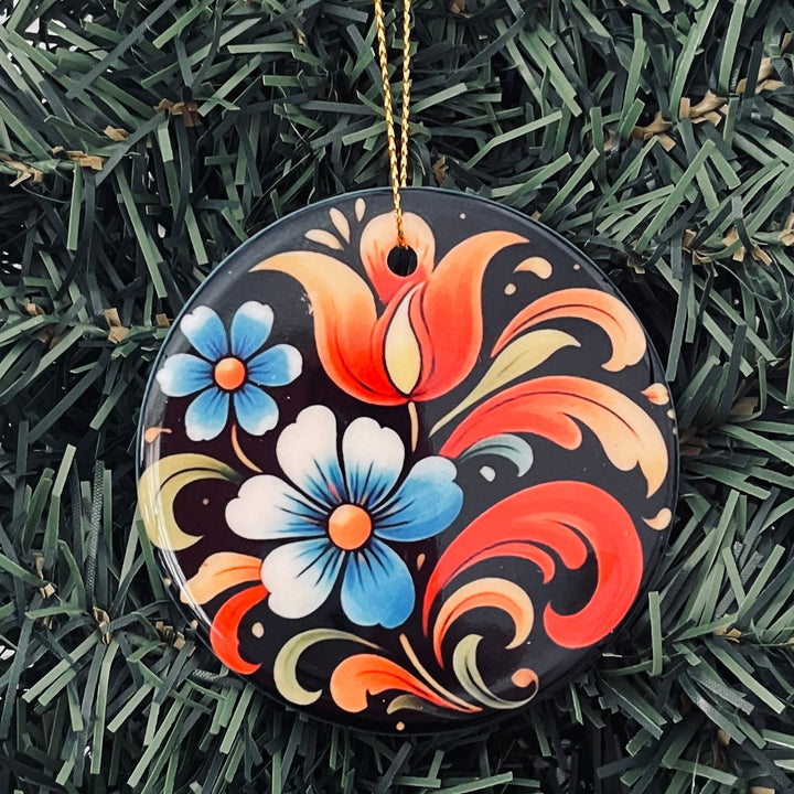 Ceramic Ornament, Rosemaling & Flowers