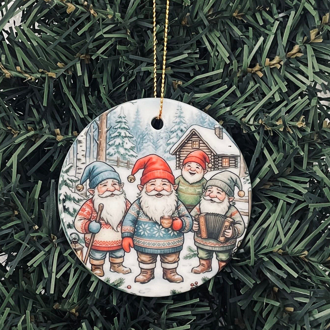 Ceramic Ornament, Four Gnomes at Cabin