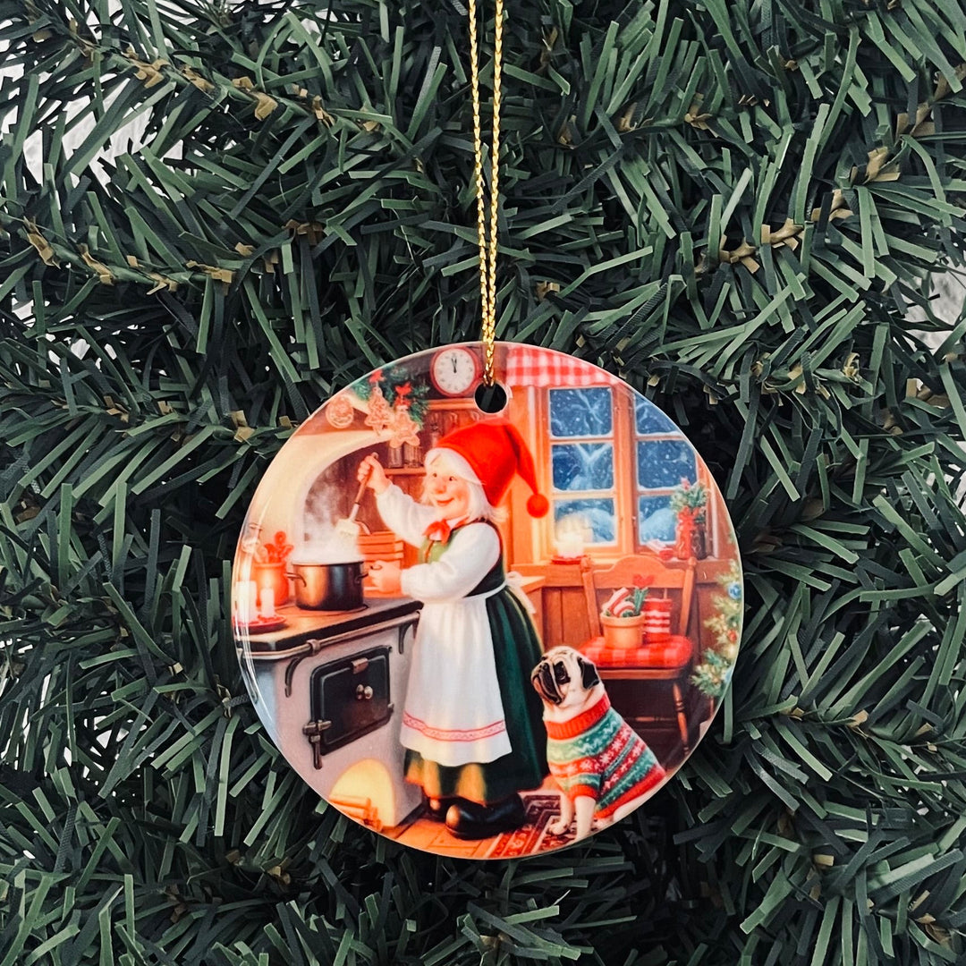 Ceramic Ornament,Gnome lady with Pug in the kitchen