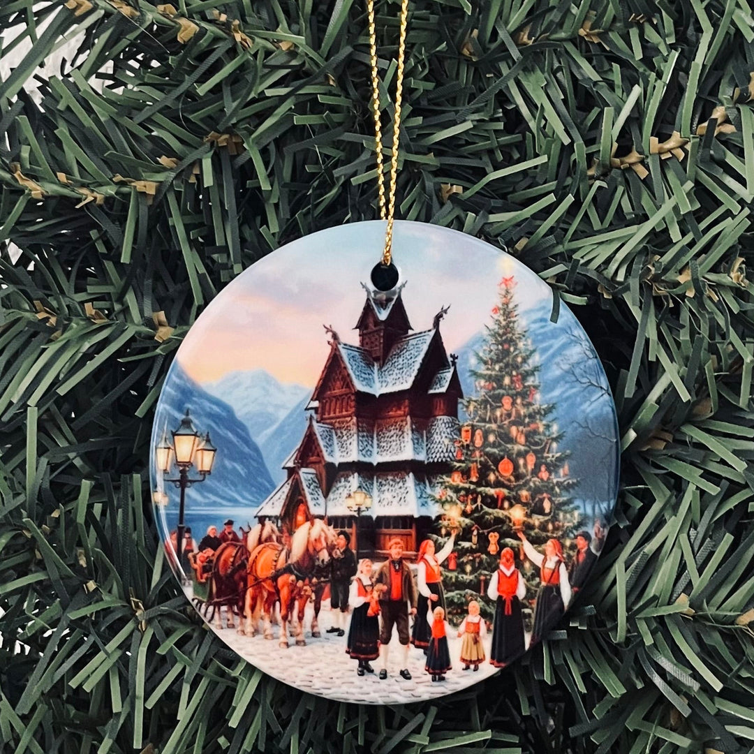 Ceramic Ornament, Stave Church with Norwegian people in bunads