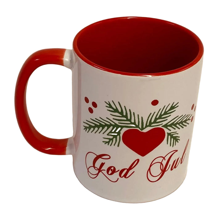 God Jul Hearts & Pines coffee mug with red handle