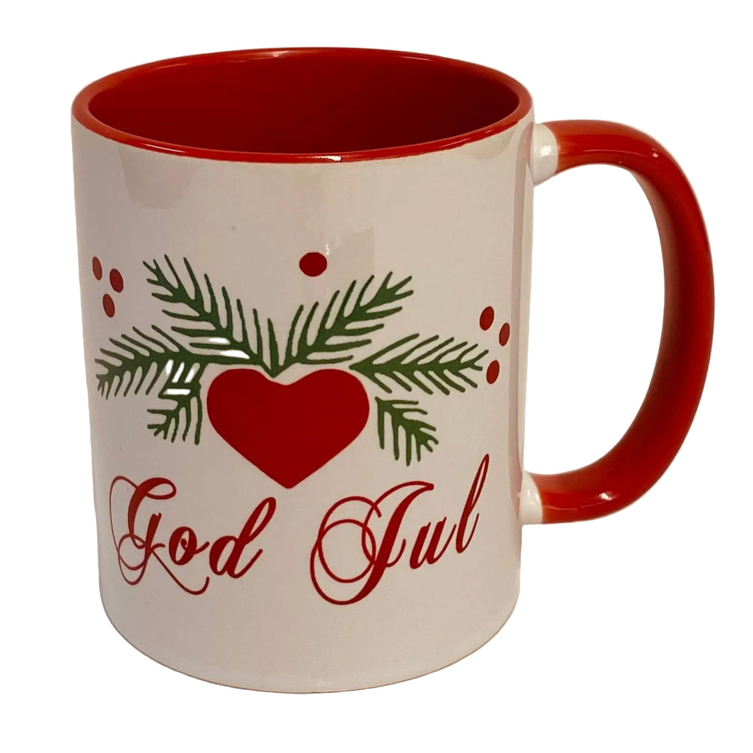 God Jul Hearts & Pines coffee mug with red handle
