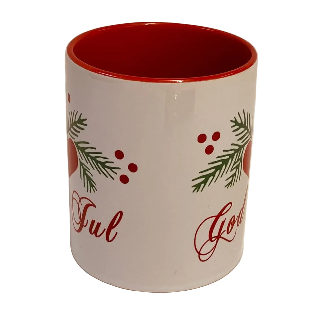 God Jul Hearts & Pines coffee mug with red handle