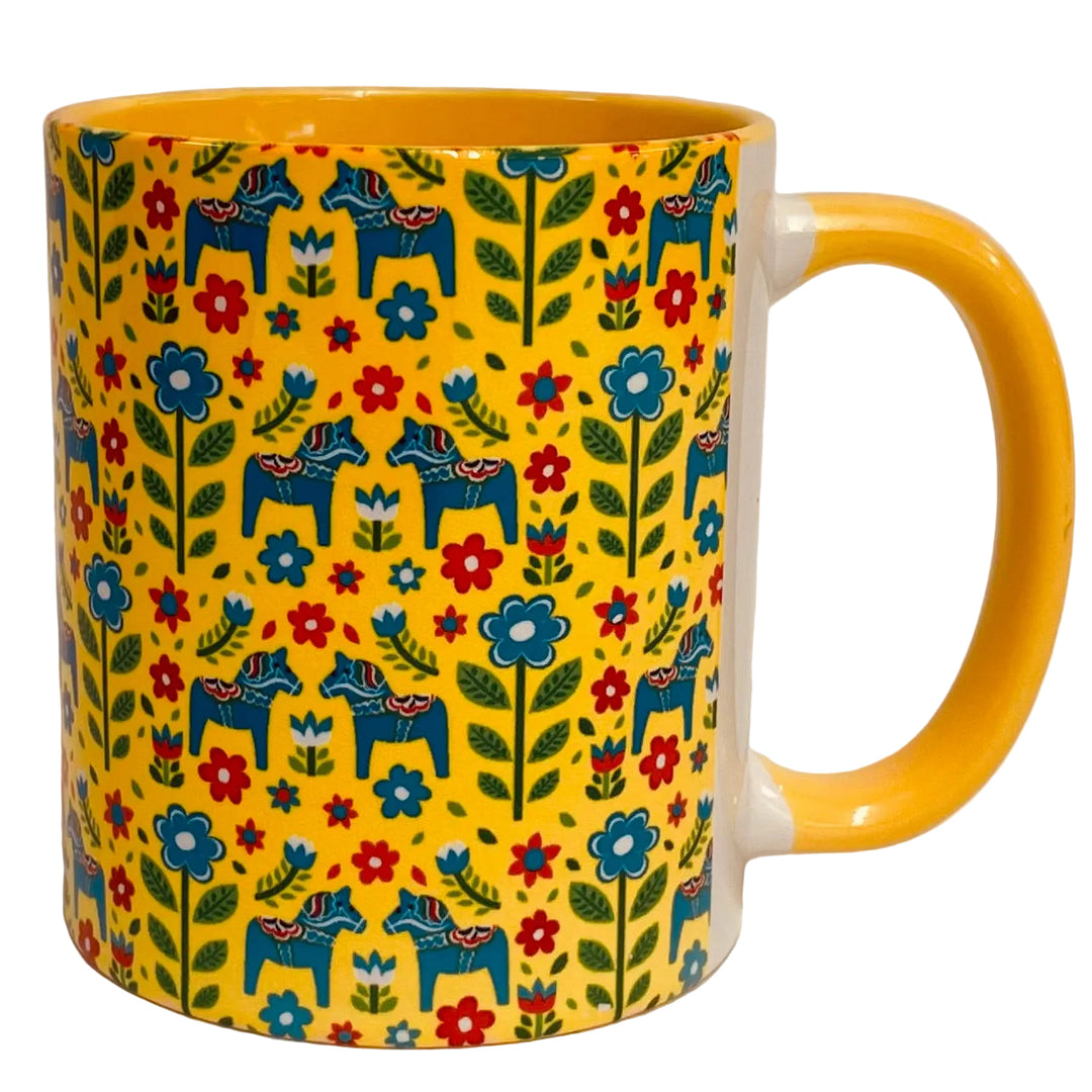 Dala horses & flowers coffee mug with yellow handle