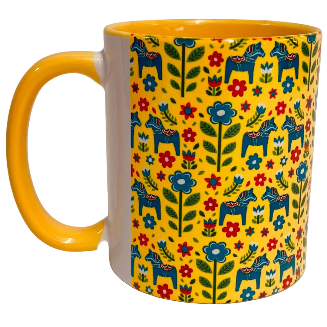Dala horses & flowers coffee mug with yellow handle