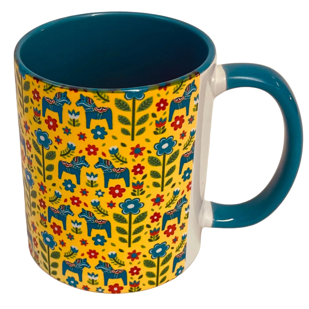Dala horses & flowers coffee mug with blue handle
