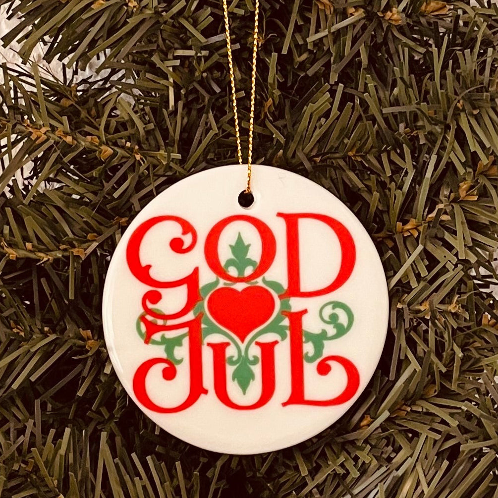 Ceramic Ornament, God Jul Scroll