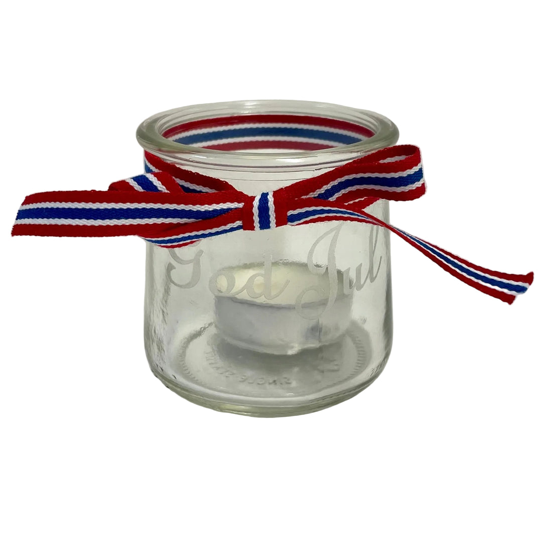 God Jul Glass Votive with Swedish Ribbon with Norway colors