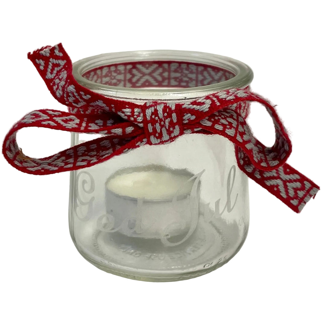 God Jul Glass Votive with Swedish Ribbon