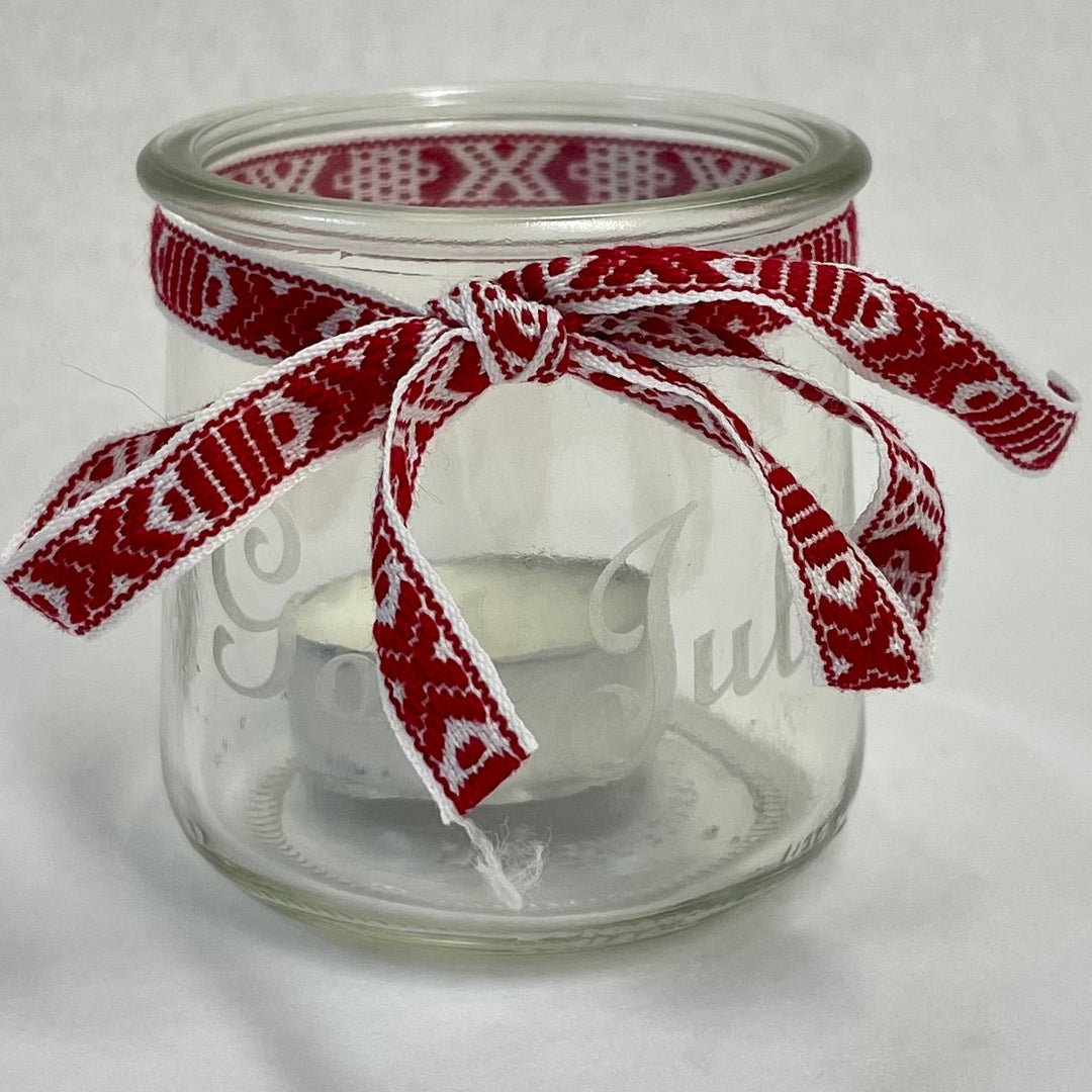 God Jul Glass Votive with Swedish Ribbon