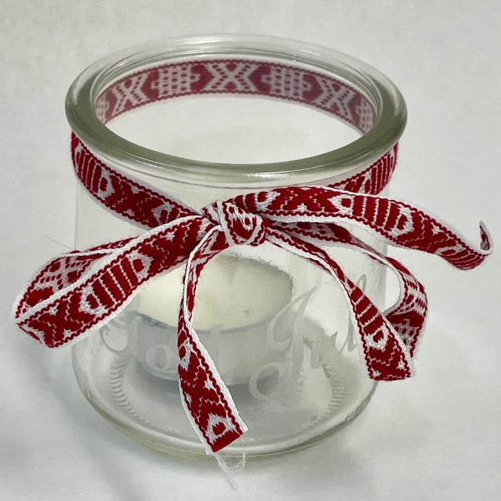 God Jul Glass Votive with Swedish Ribbon