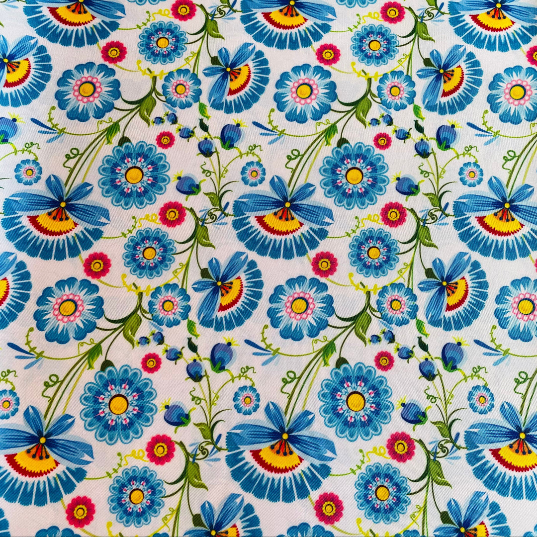 Fabric Blue Folk Art Flowers