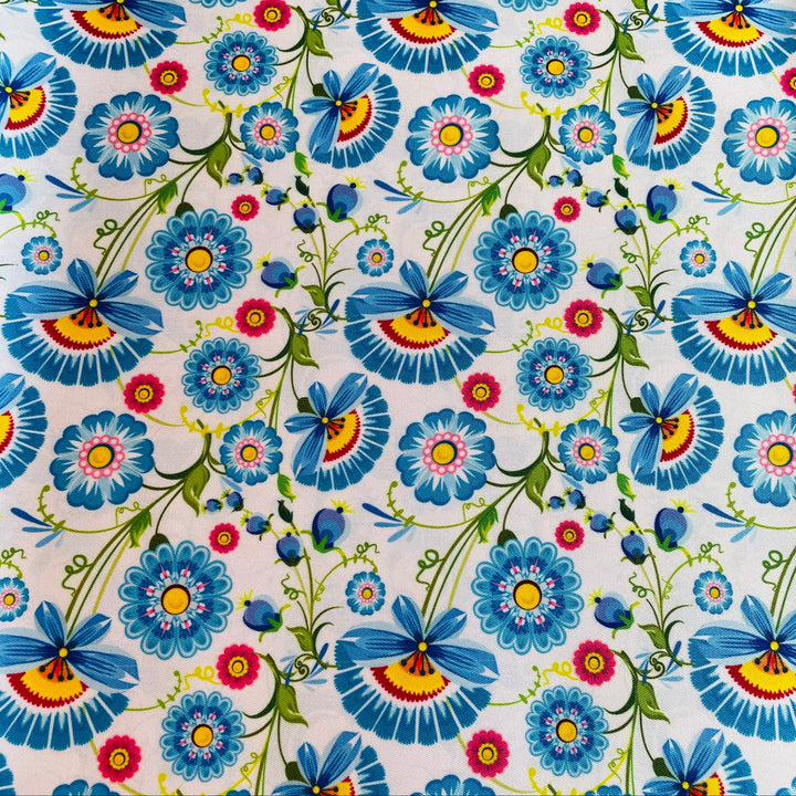 Fabric Blue Folk Art Flowers