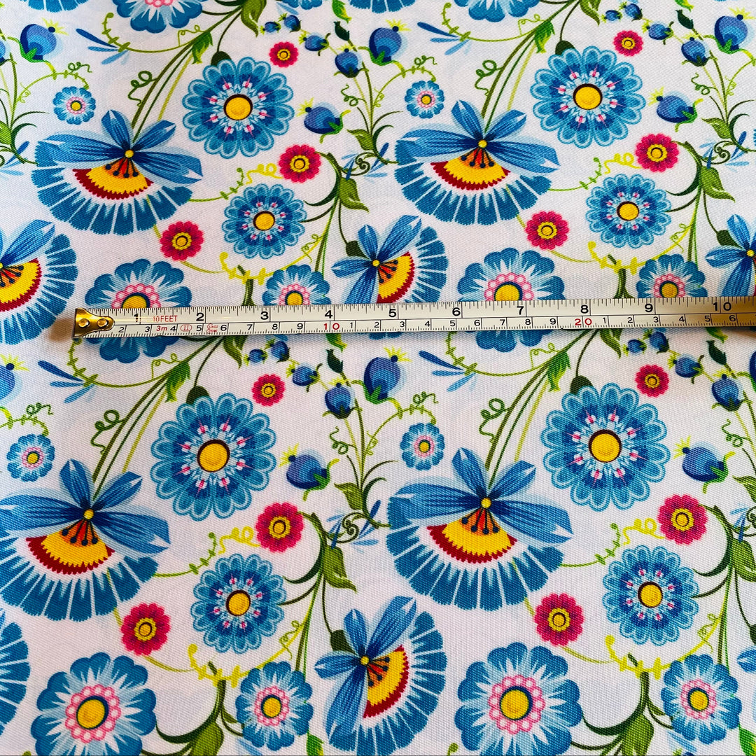 Fabric Blue Folk Art Flowers