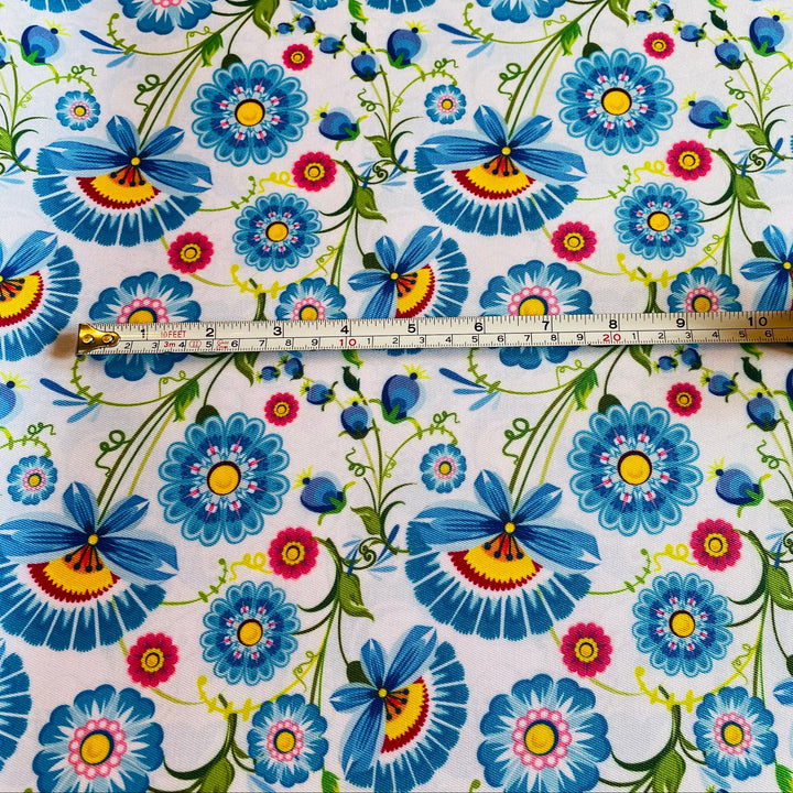 Fabric Blue Folk Art Flowers
