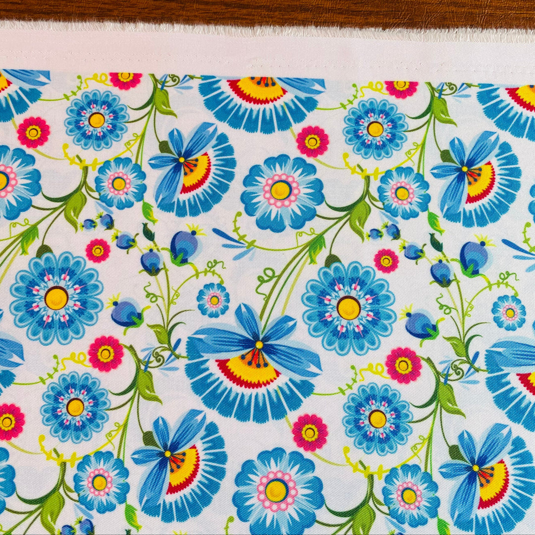 Fabric Blue Folk Art Flowers