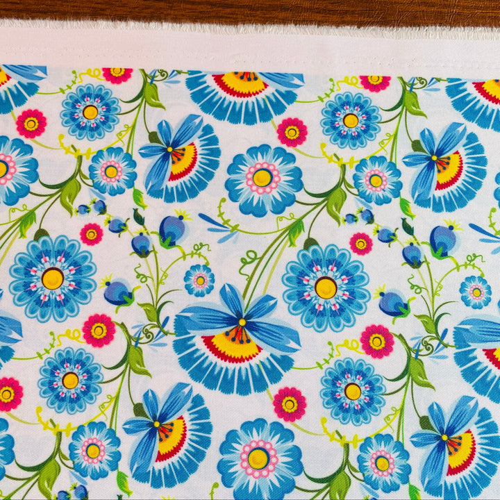 Fabric Blue Folk Art Flowers
