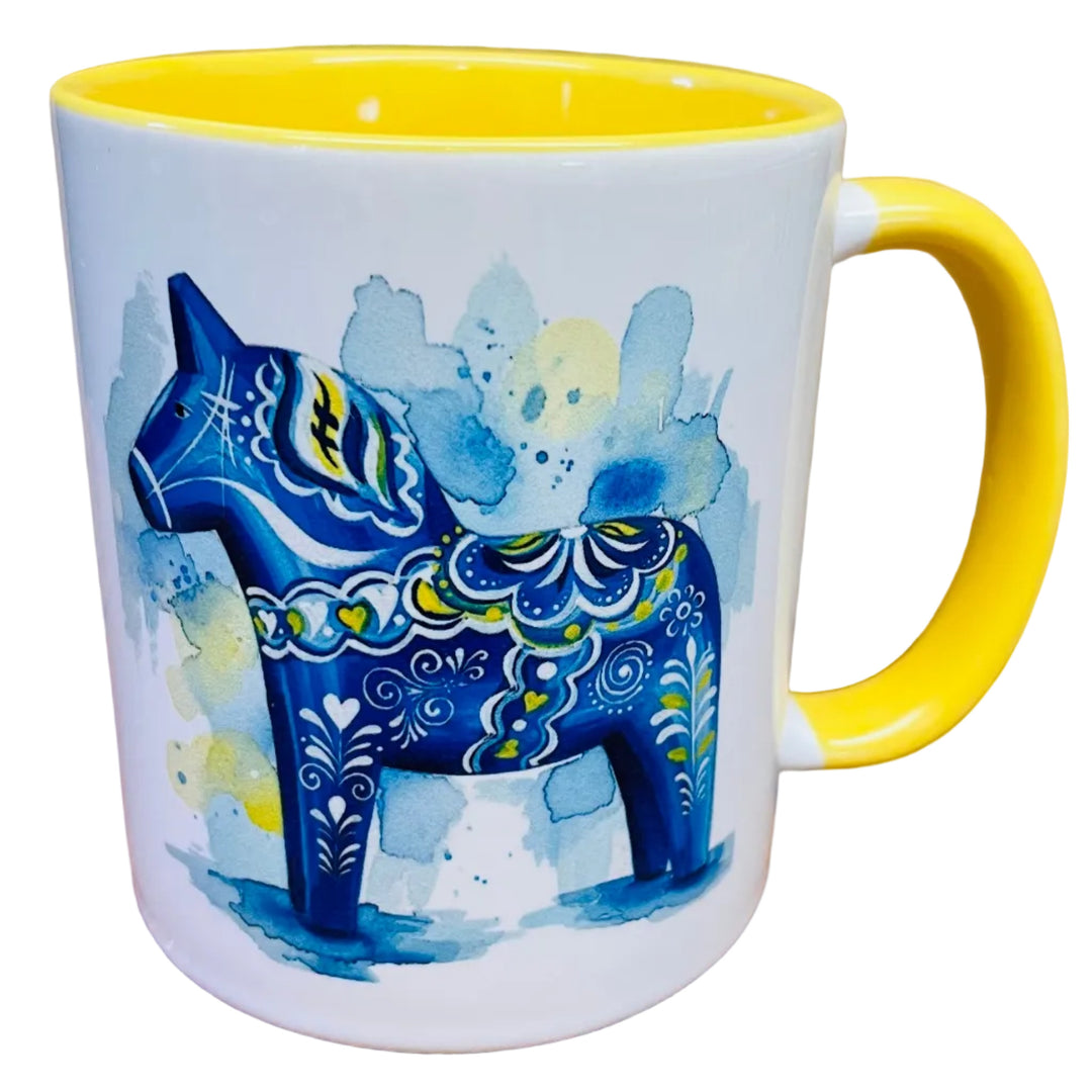 Blue Dala horse coffee mug with yellow handle