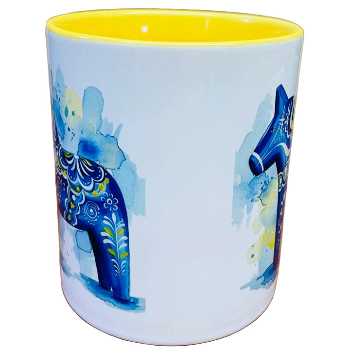 Blue Dala horse coffee mug with yellow handle