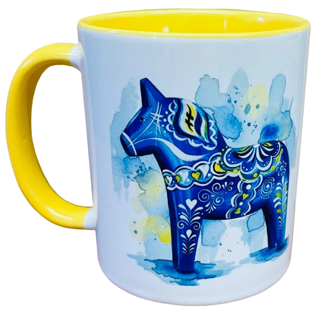 Blue Dala horse coffee mug with yellow handle