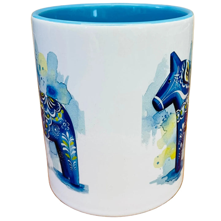 Blue Dala horse coffee mug with blue handle