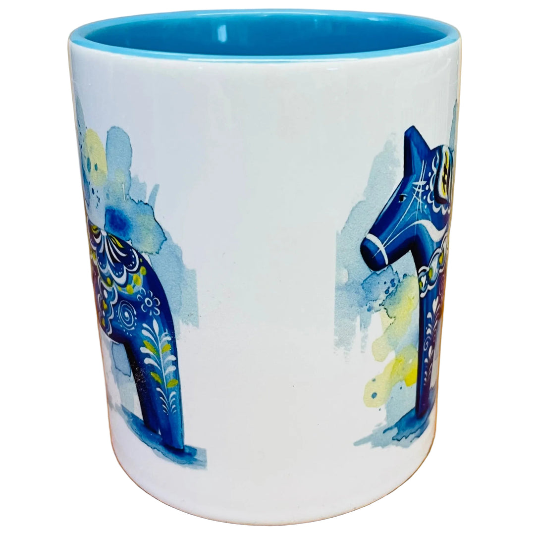 Blue Dala horse coffee mug with blue handle
