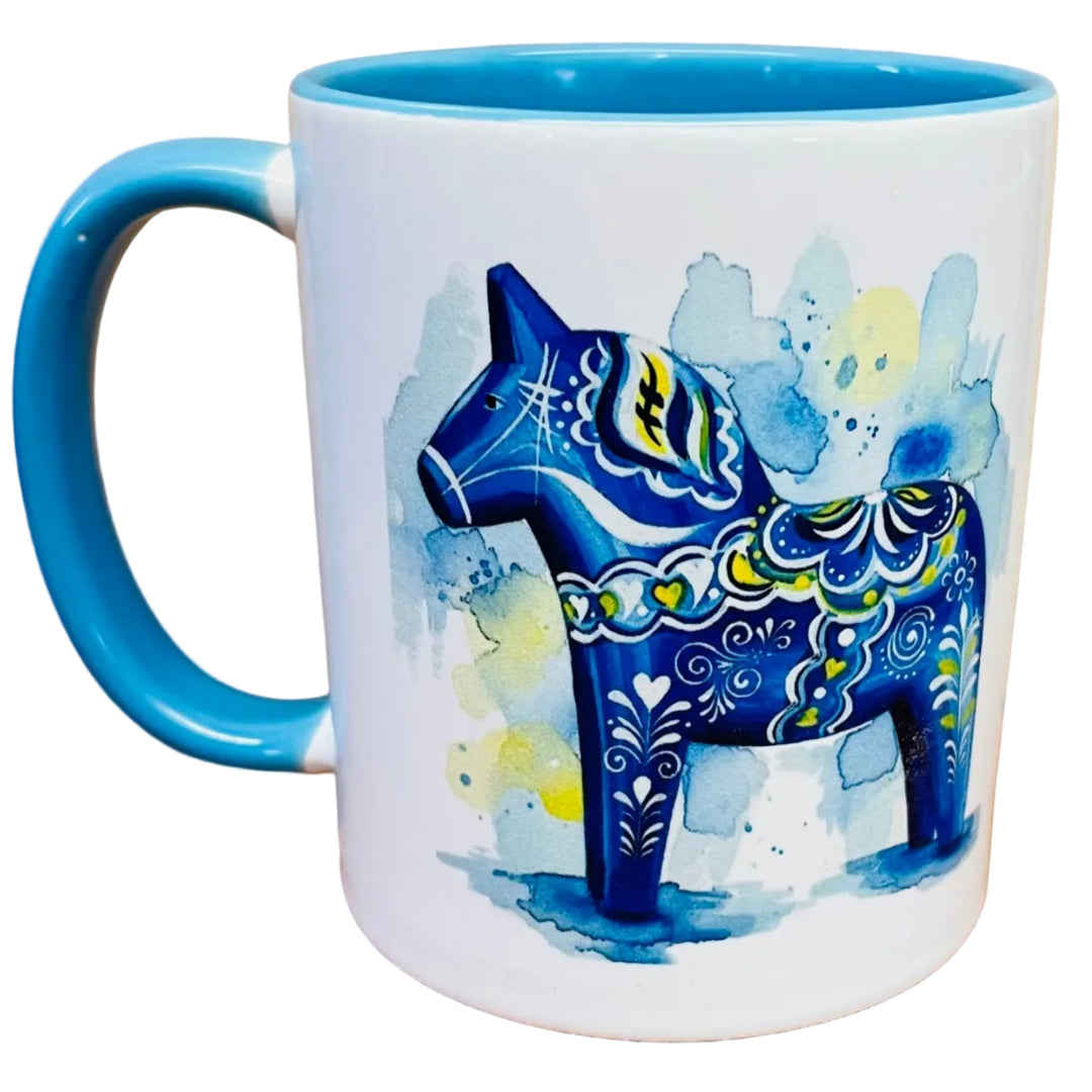 Blue Dala horse coffee mug with blue handle