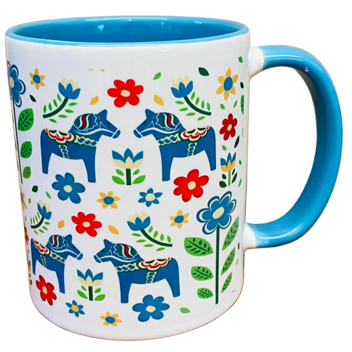 Blue Dala Horses & Flowers coffee mug with blue handle