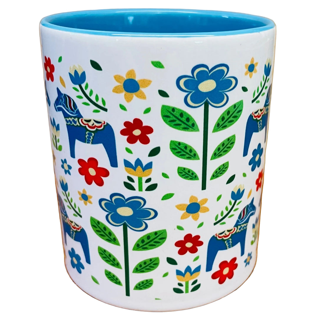 Blue Dala Horses & Flowers coffee mug with blue handle