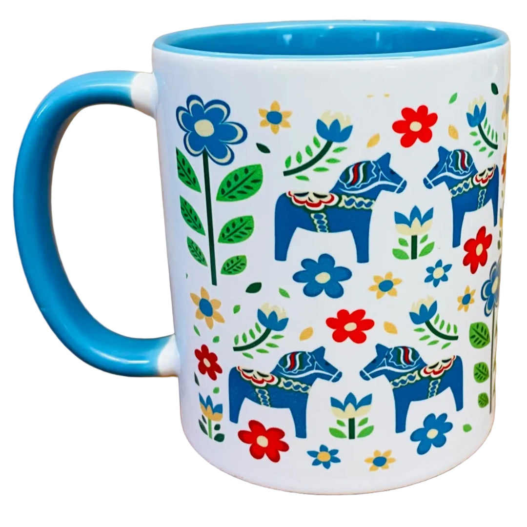 Blue Dala Horses & Flowers coffee mug with blue handle