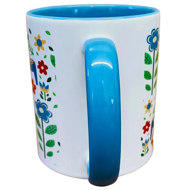 Blue Dala Horses & Flowers coffee mug with blue handle