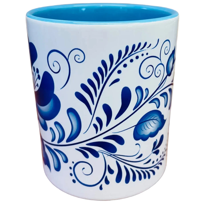Blue Folk art flowers coffee mug with blue handle