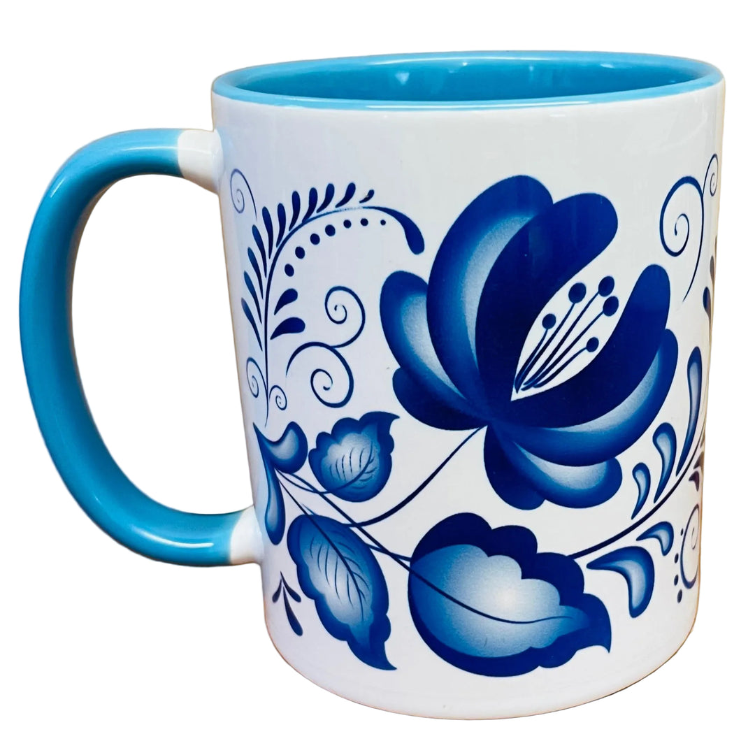 Blue Folk art flowers coffee mug with blue handle