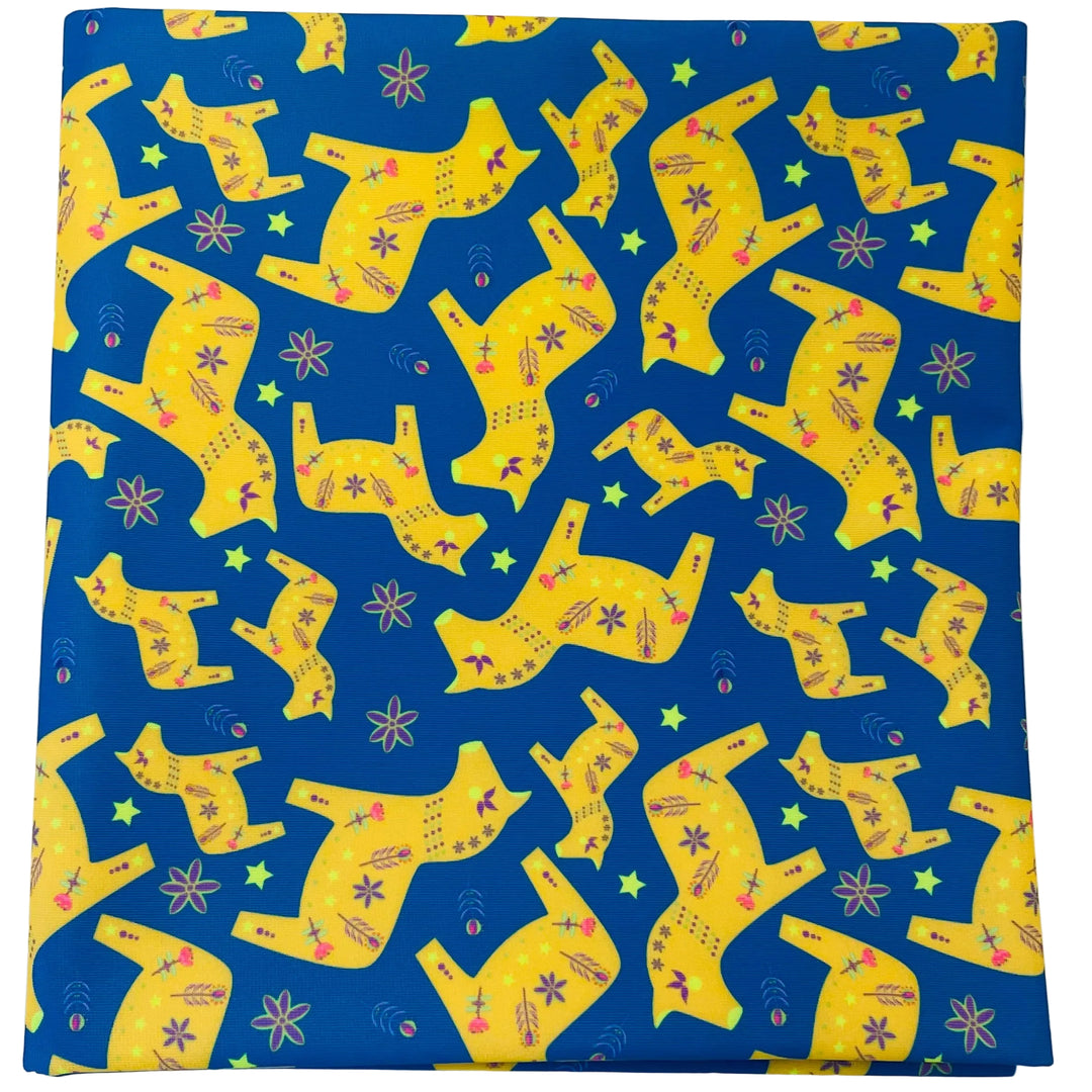 $5.00 SALE Fabric 36" Yellow Dala Horses on Royal Blue