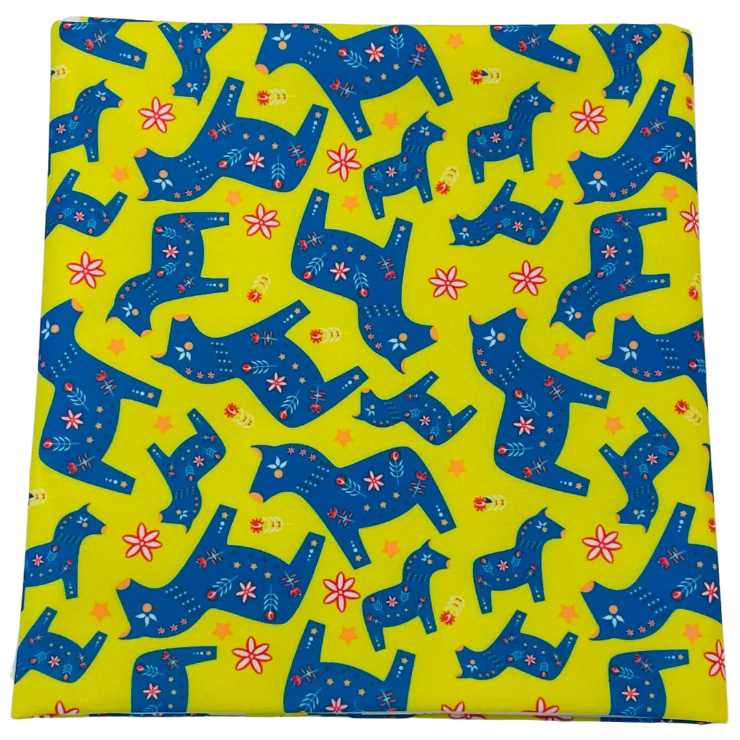 $5.00 SALE Fabric 36" Royal Blue Dala Horses on Yellow