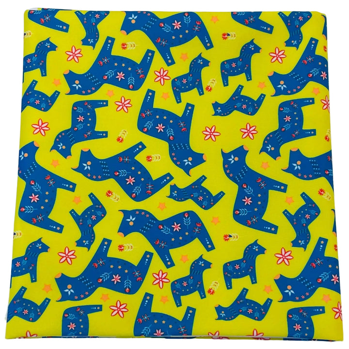 $5.00 SALE Fabric 36" Royal Blue Dala Horses on Yellow