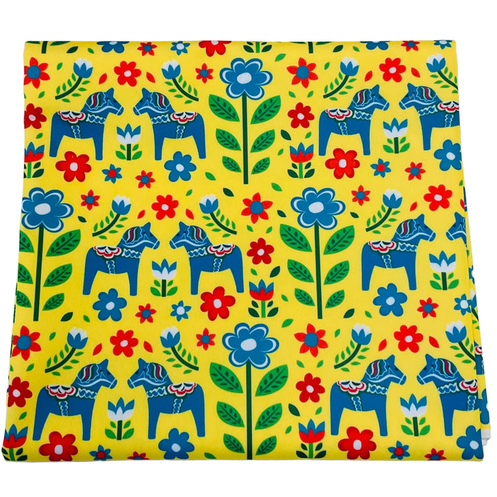 $5.00 SALE Fabric 36" Blue Dala Horses & Flowers on Yellow
