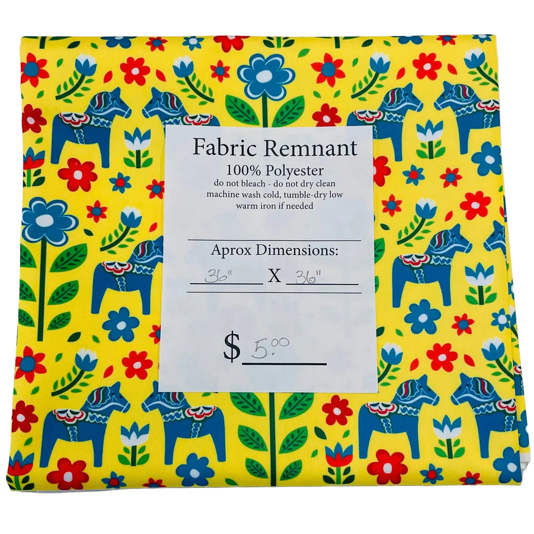$5.00 SALE Fabric 36" Blue Dala Horses & Flowers on Yellow