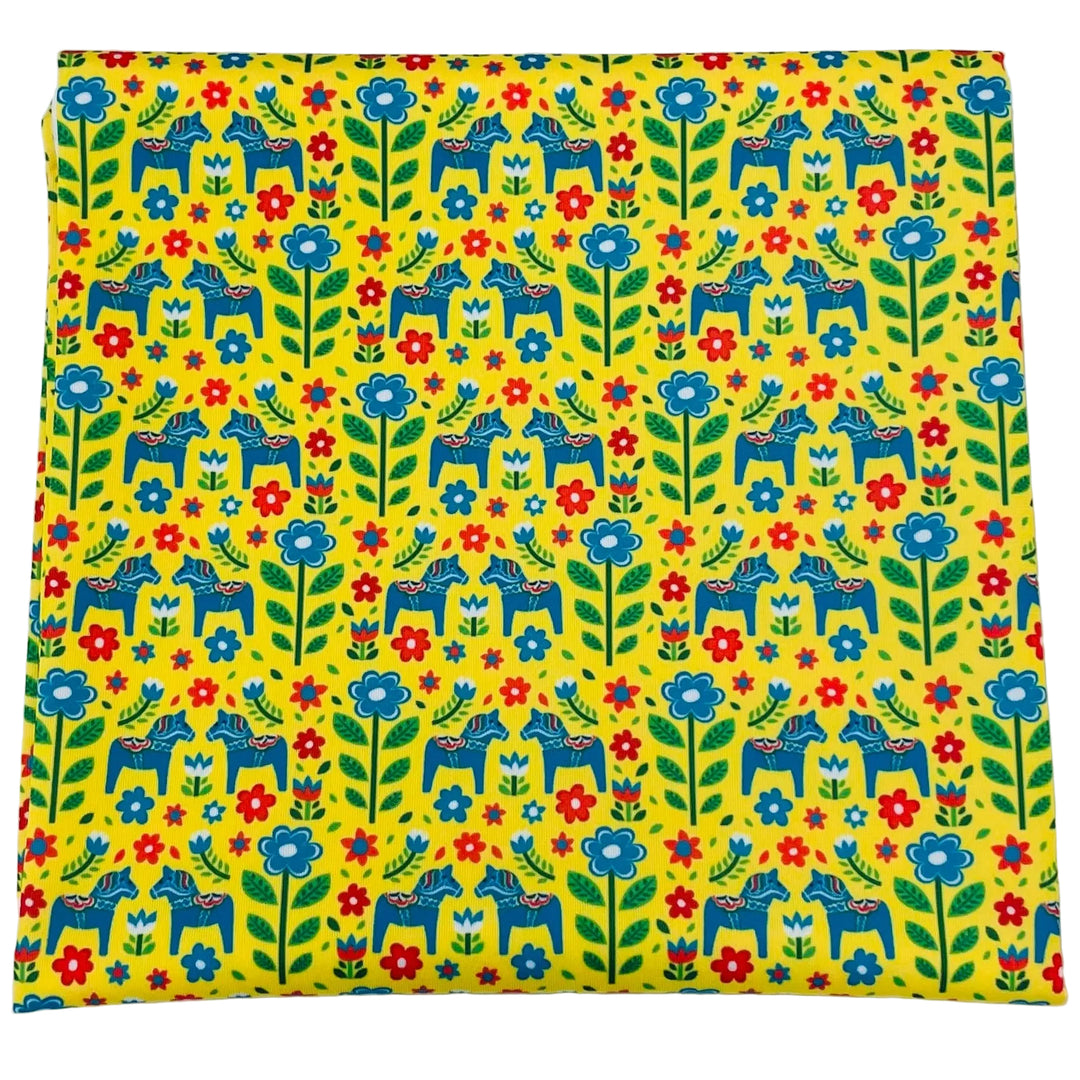 $5.00 SALE Fabric 36" Mini Blue Dala Horses & Flowers on Yellow