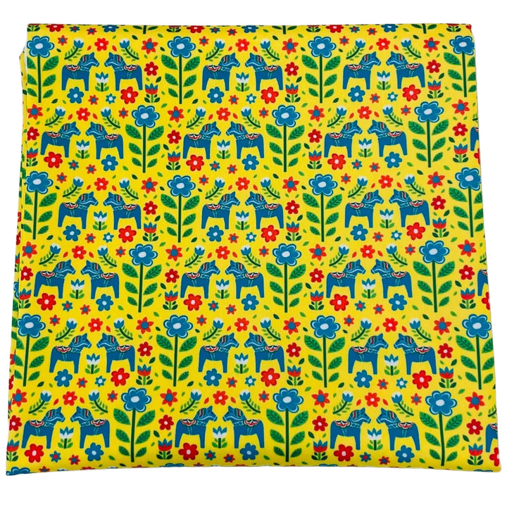 $5.00 SALE Fabric 36" Mini Blue Dala Horses & Flowers on Yellow