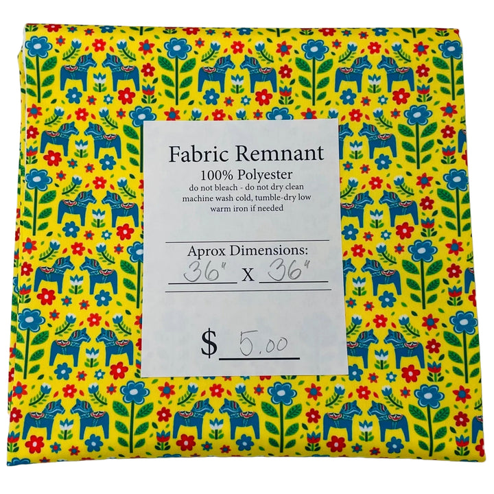 $5.00 SALE Fabric 36" Mini Blue Dala Horses & Flowers on Yellow