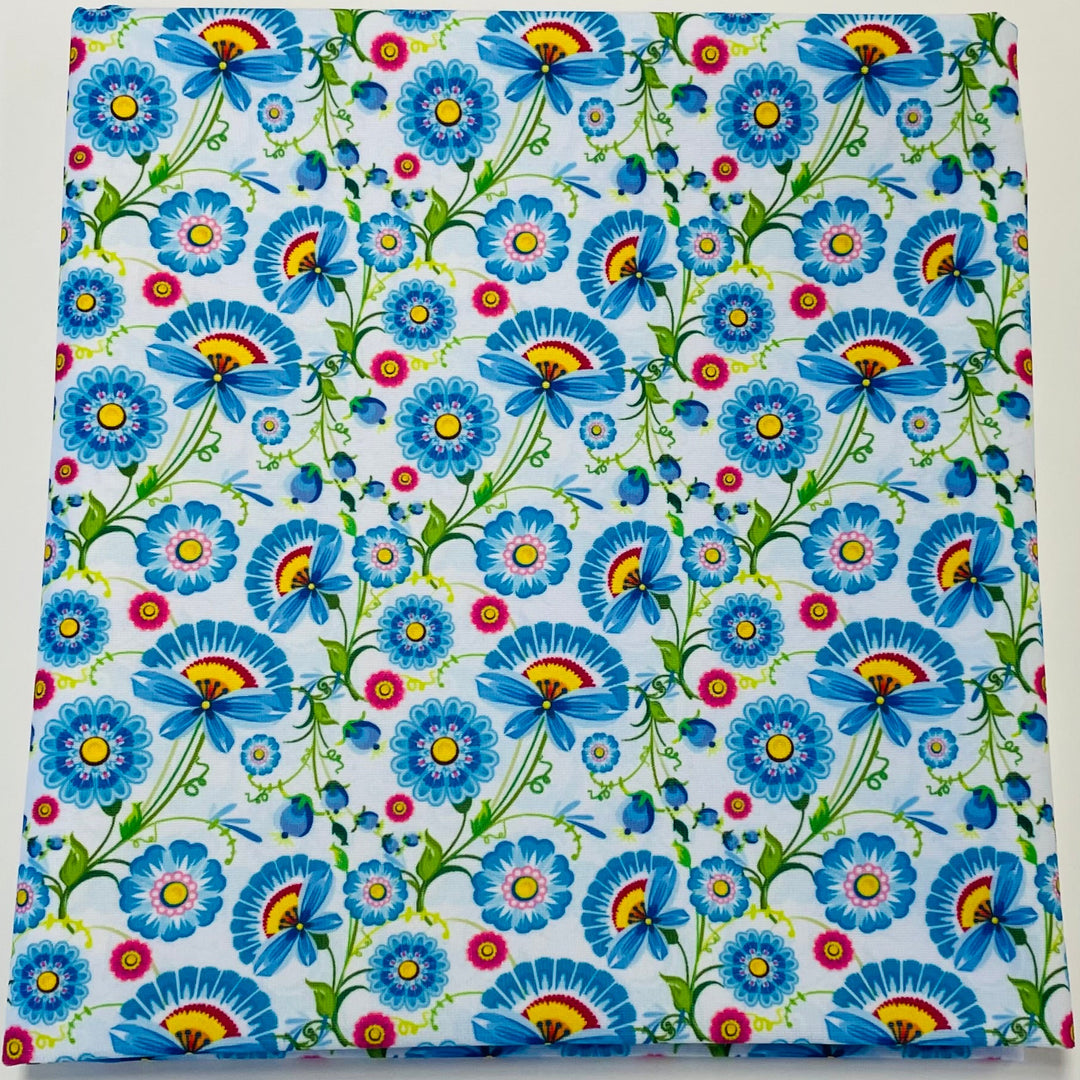 $5.00 SALE Fabric 36" Blue Fan Flowers