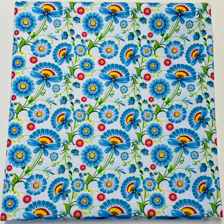 $5.00 SALE Fabric 36" Blue Fan Flowers