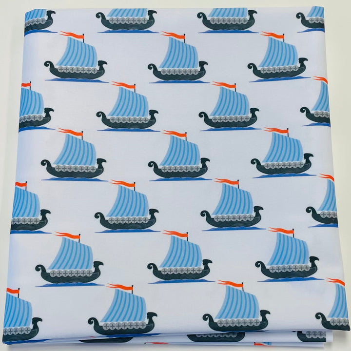 $5.00 SALE Fabric 36" Viking Ships on Grey