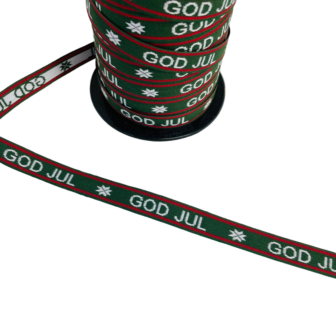 Fabric Ribbon Trim by the yard - White God Jul on green