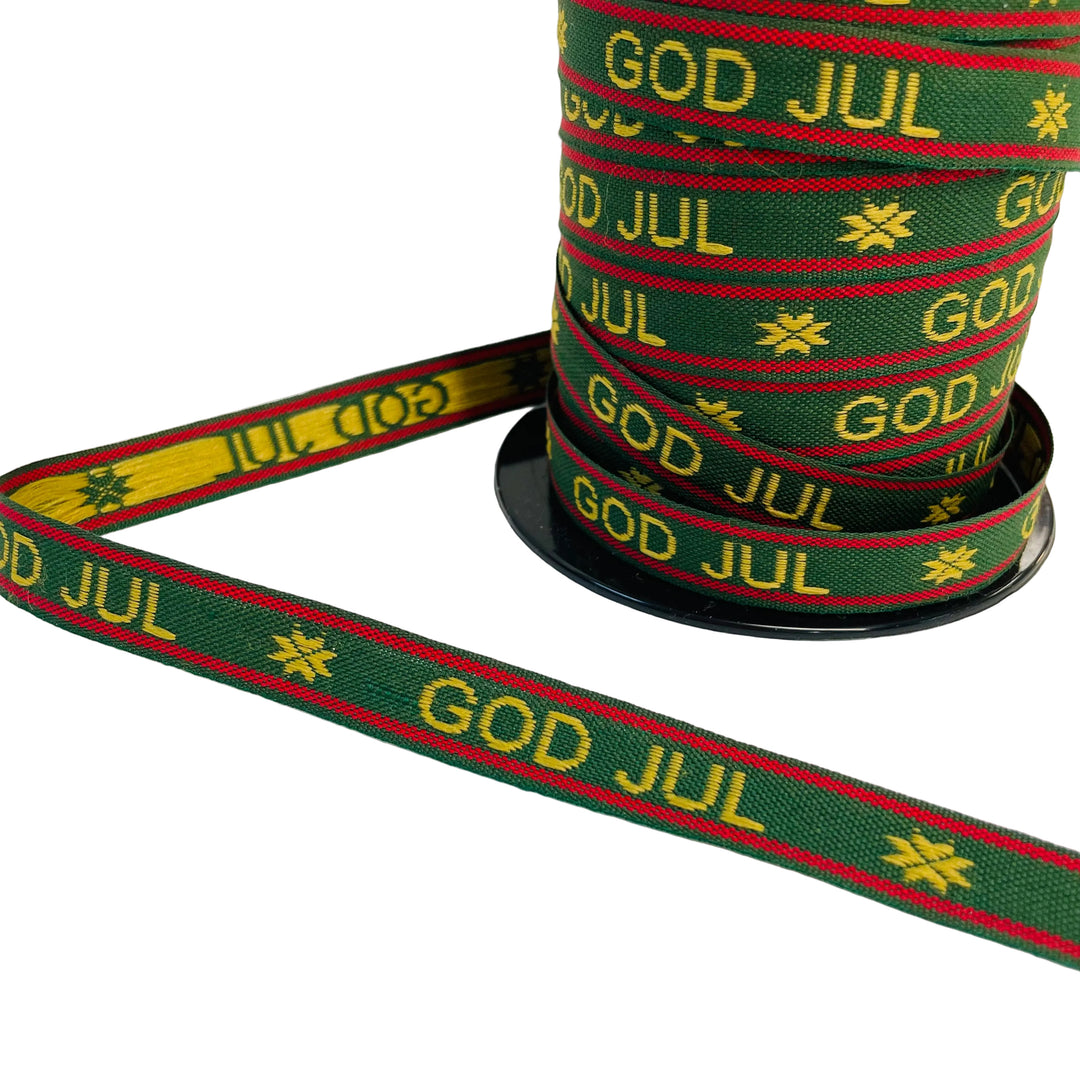 Fabric Ribbon Trim by the yard - Gold God Jul on green
