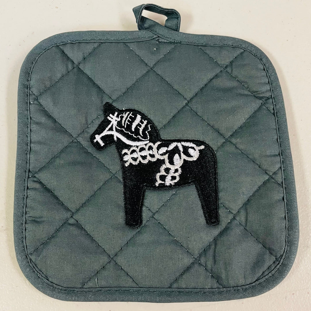 Pot holder - Swedish Black Dala horse on grey